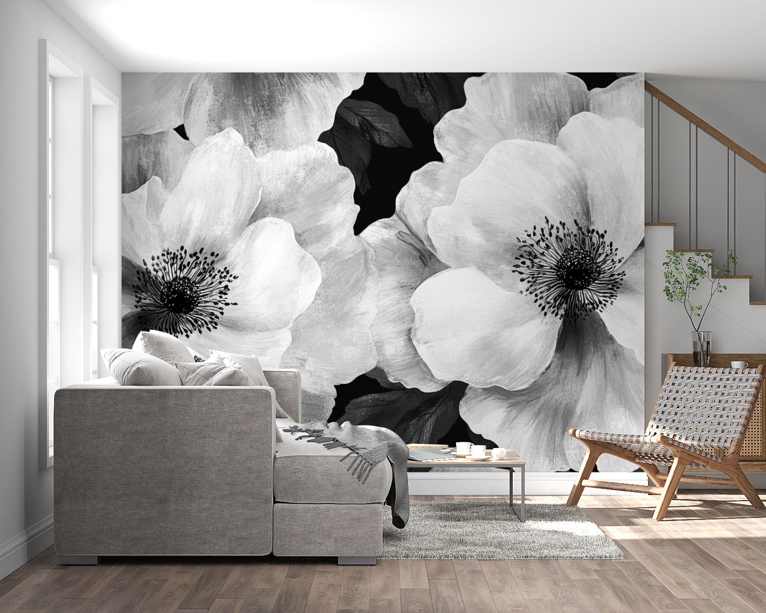 Papier peint aquarelle fleurs noires panoramique mural