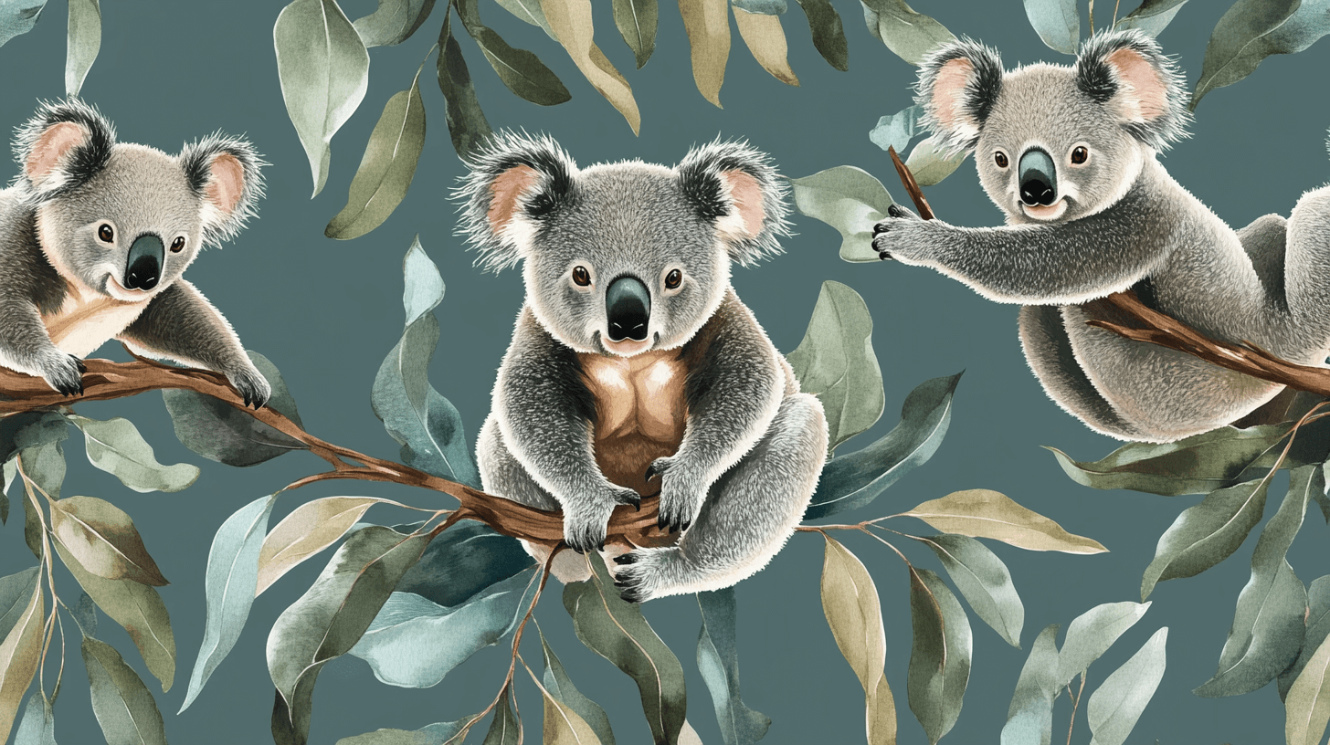 Papier Peint Koala Et Feuilles en Apesanteur