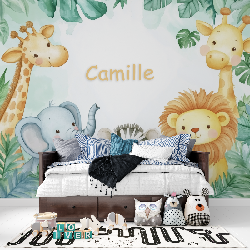 Papier peint prenom animaux aquarelle panoramique garcon