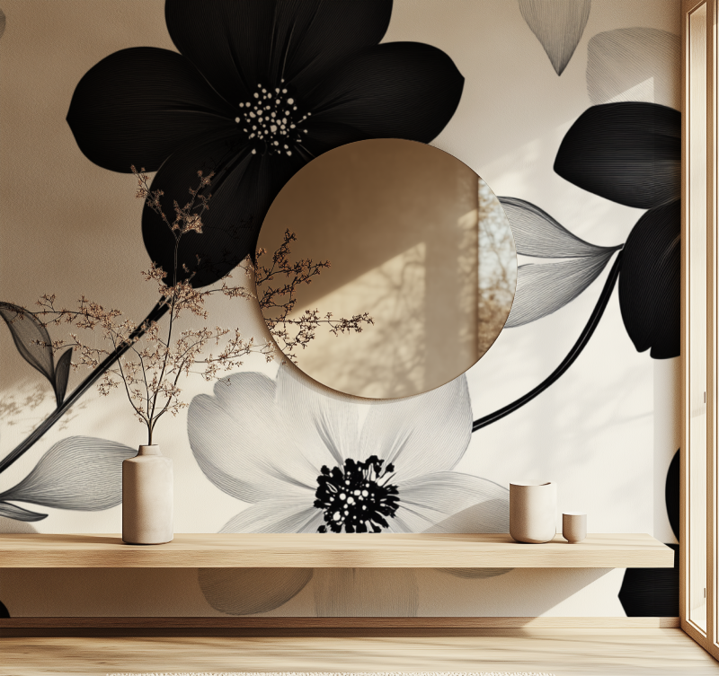 Papier peint fleur noir et blanc miroir