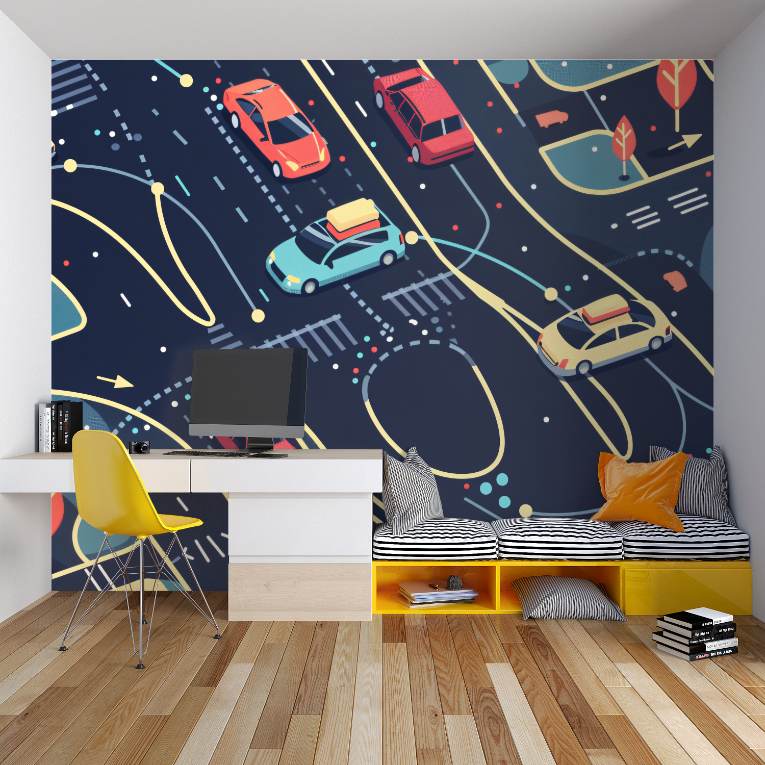Papier peint voiture circuit chambre garcon lit