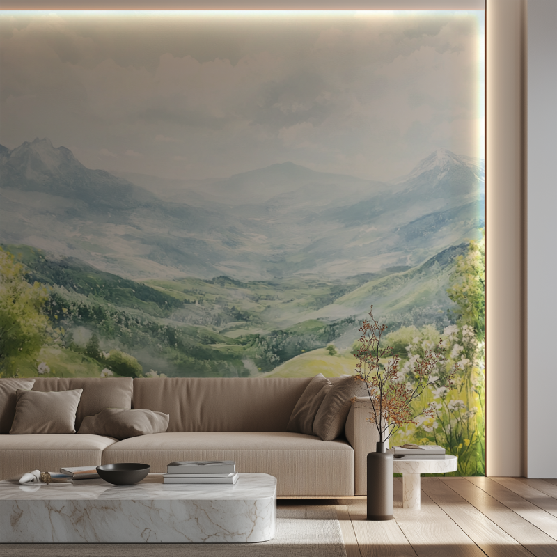 Papier peint paysage trompe loeil canape neon