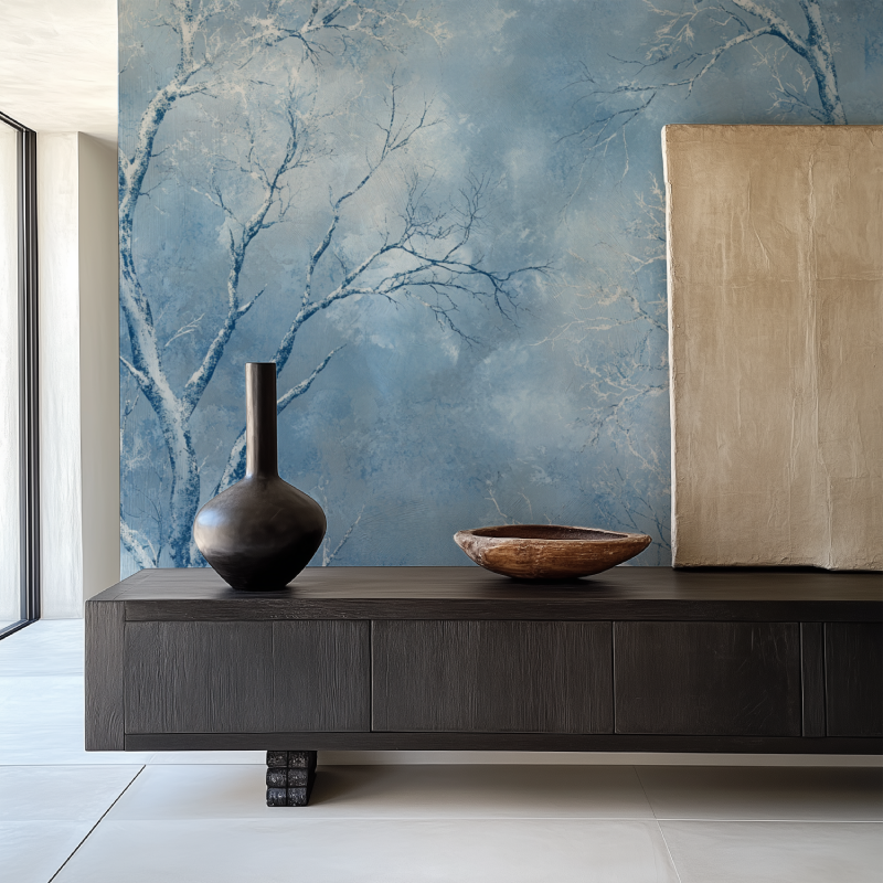 Papier peint arbre bleu givre salle manger papier