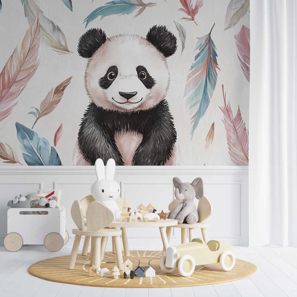 Papier peint panda et plumes bohemes chambre de bebe
