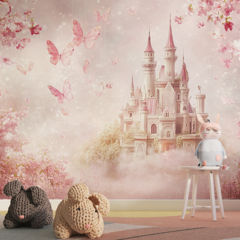 Papier peint princesse ciel fle...teau tapisserie pour fille