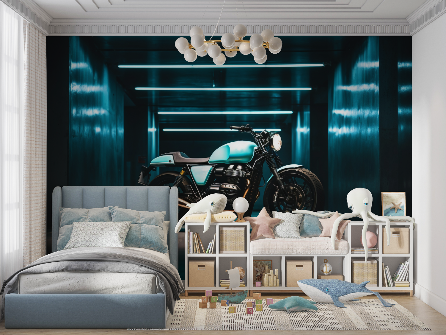 Papier peint moto ton bleu panoramique garcon