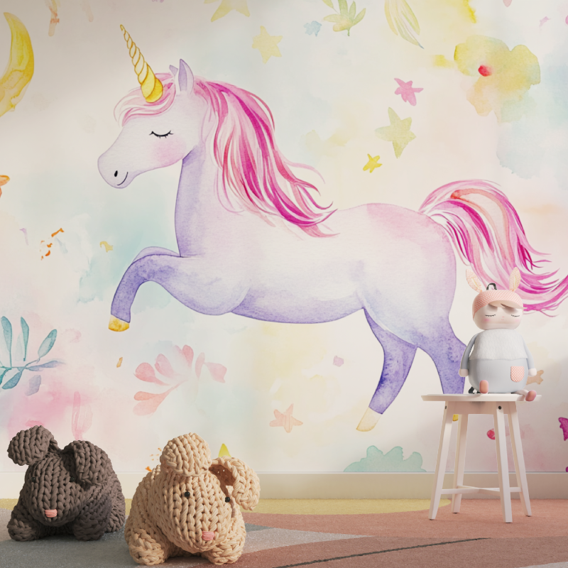 Papier peint deco licorne blanc...nche tapisserie pour fille