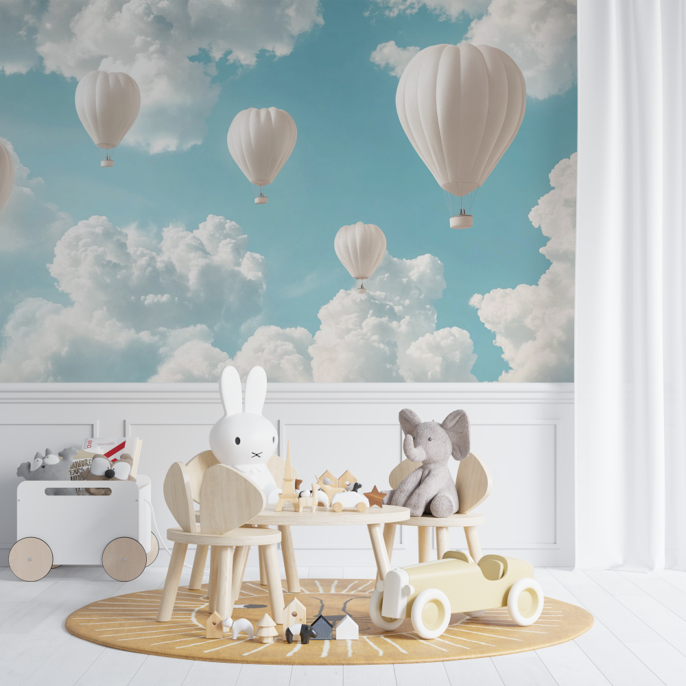 Papier peint montgolfiere et nuages dores chambre de bebe