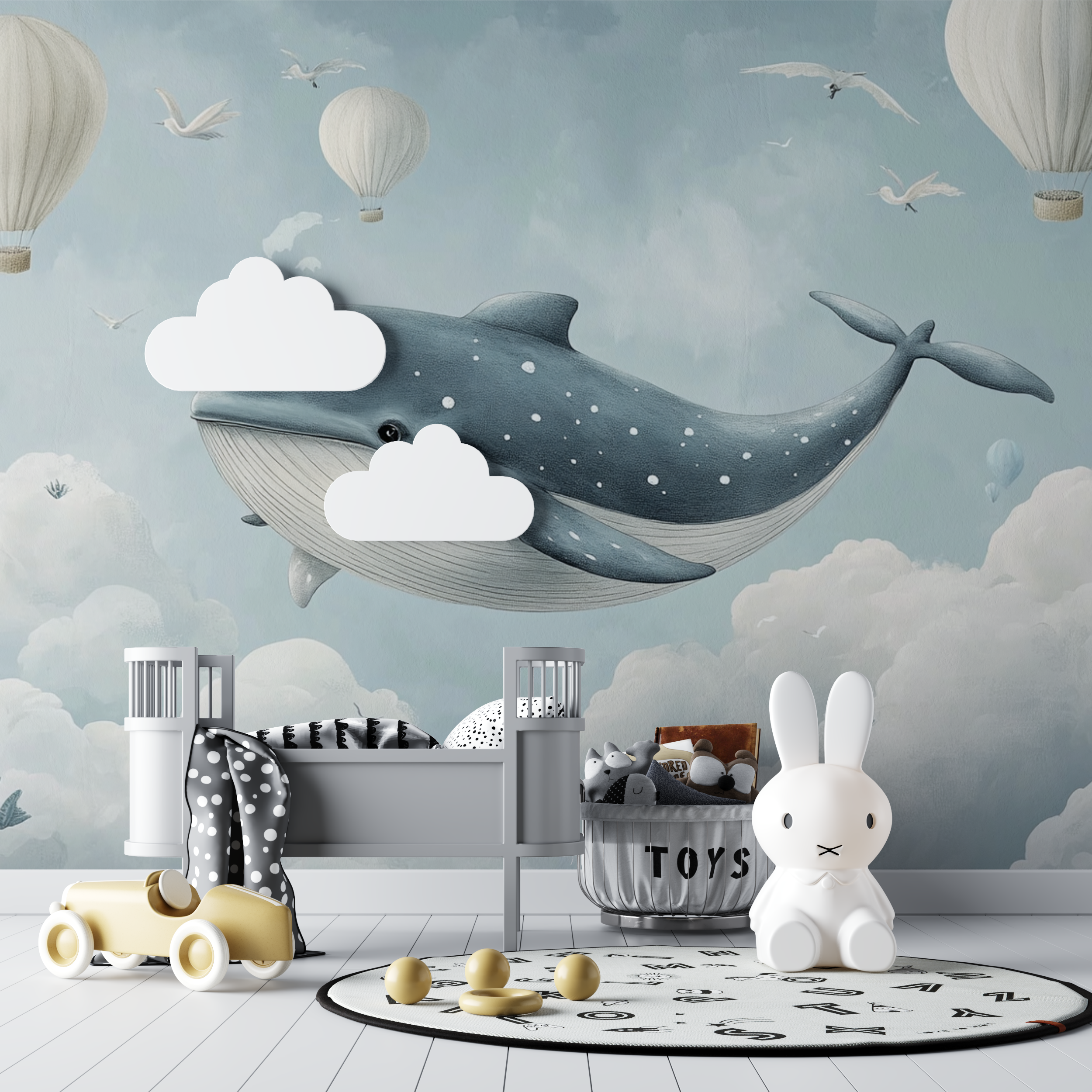 Papier peint marin baleine grise nuage bebe tipi