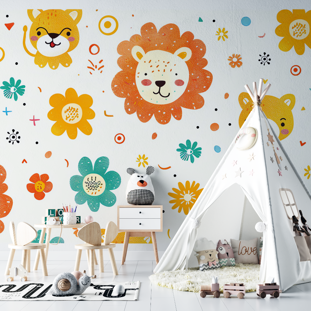 Papier peint lion et fleurs delicates chambre bebe
