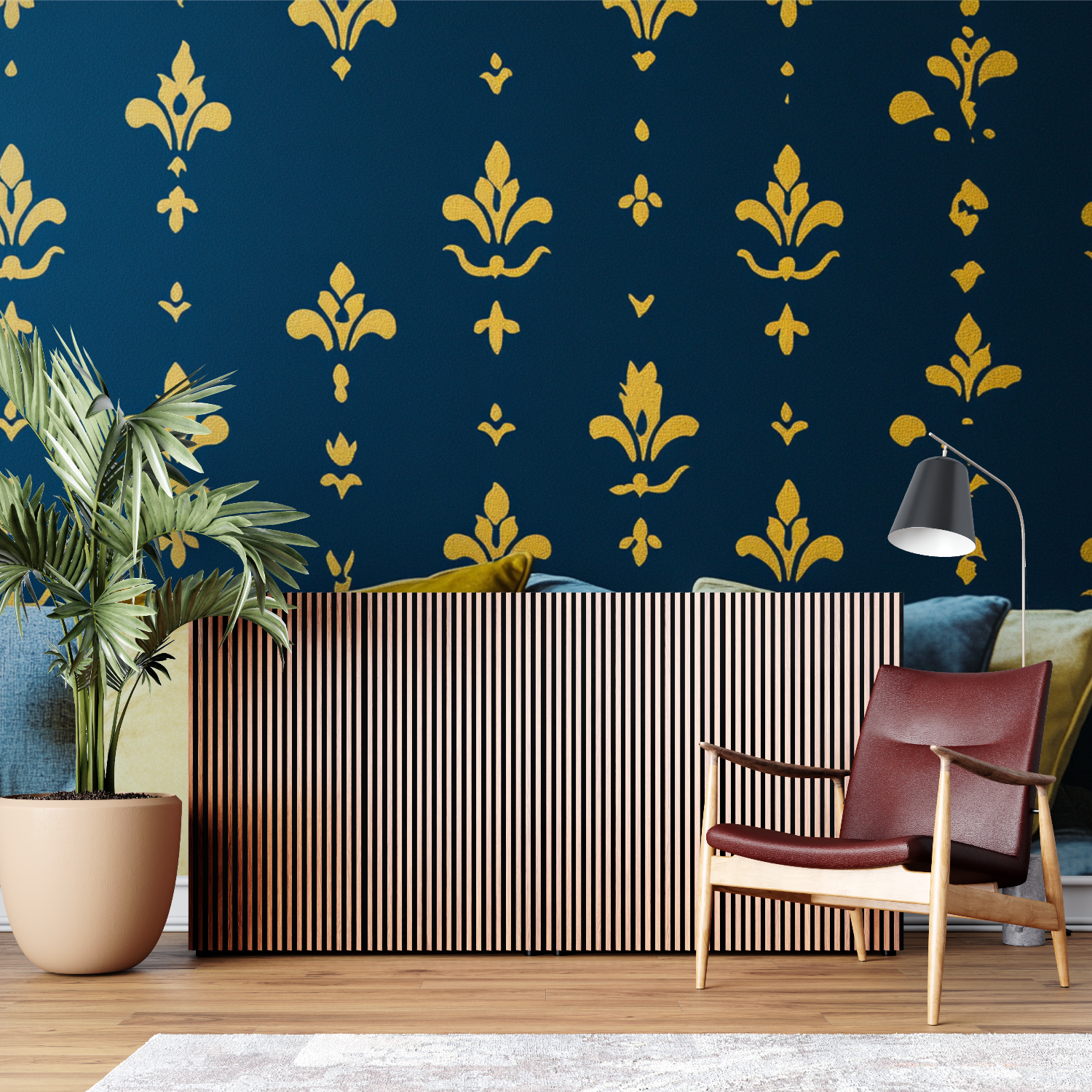 Papier peint fleur de lys jaune... fonds bleu roi sur mesure