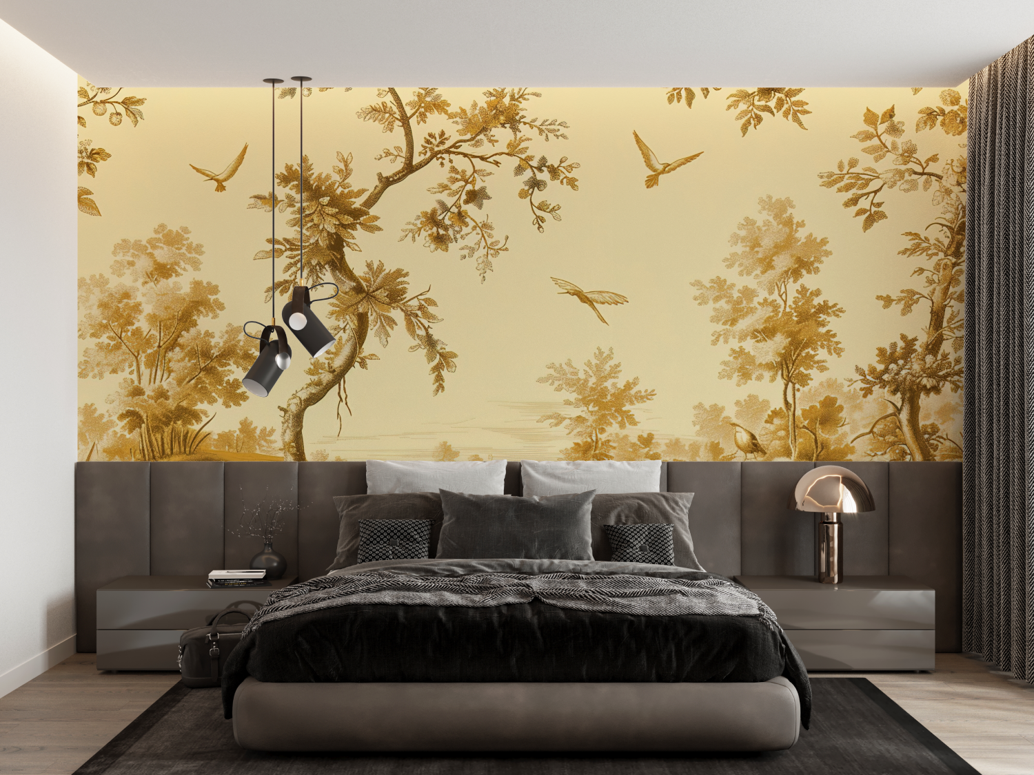 Papier Peint Toile De Jouy Vintage Jaune - trompe l'oeil