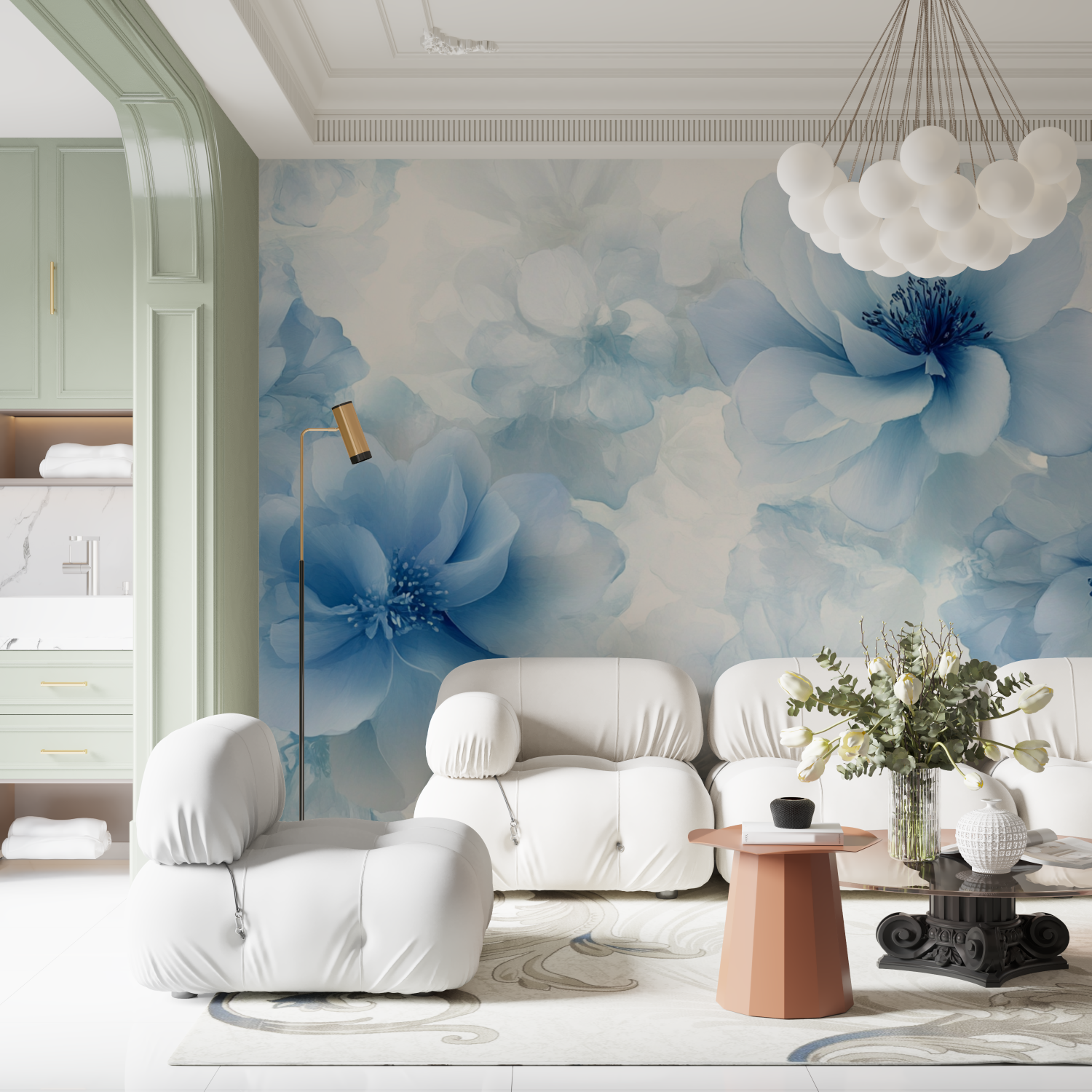 Papier peint aquarelle fleurs bleues delicates contemporain