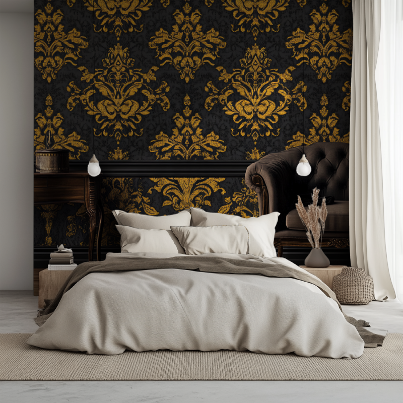 Papier peint vintage noir jaune lit 1234