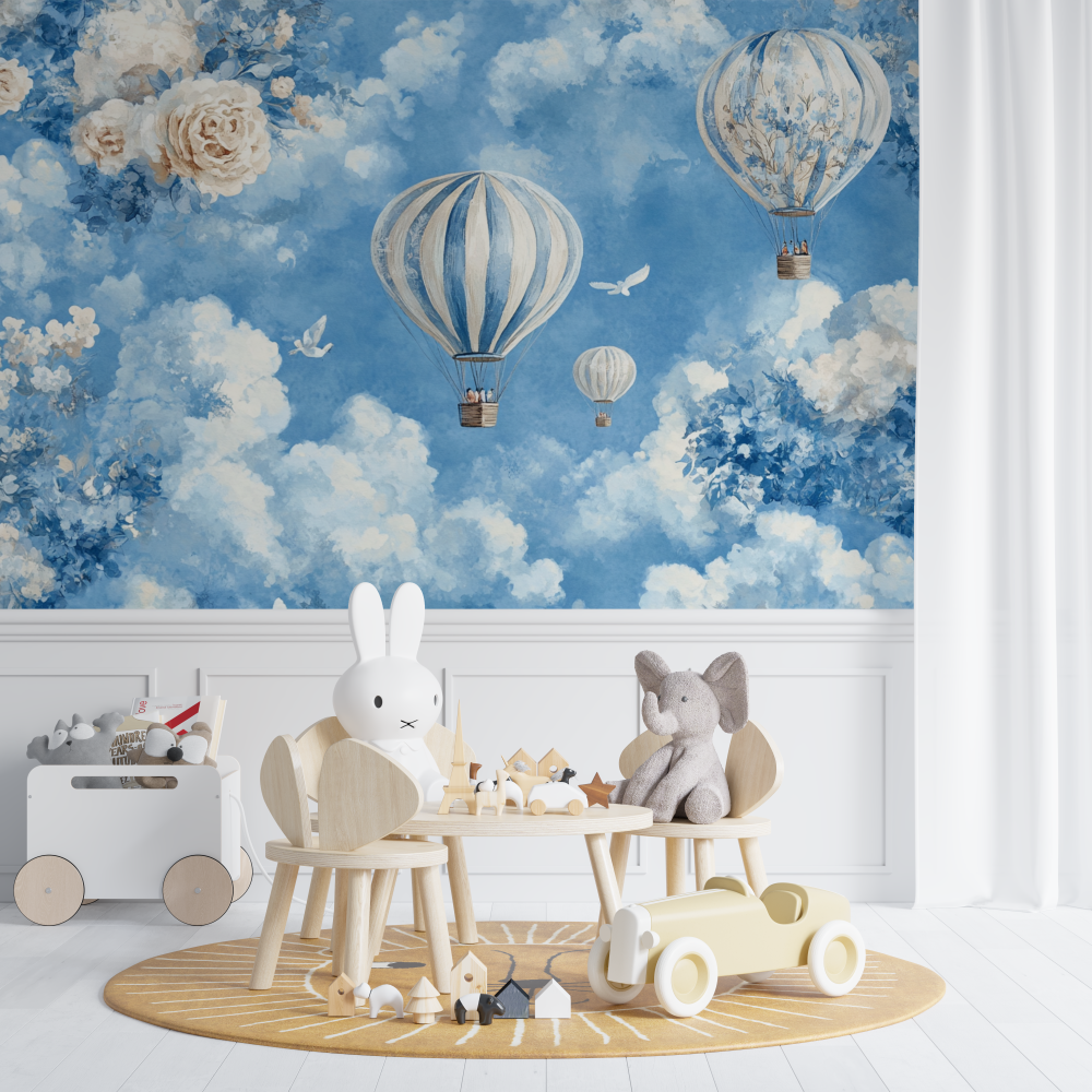Papier peint montgolfiere et nu... de fleurs chambre de bebe