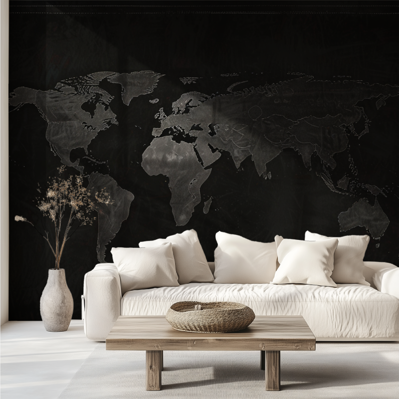 Papier peint carte du monde noir canape tendance