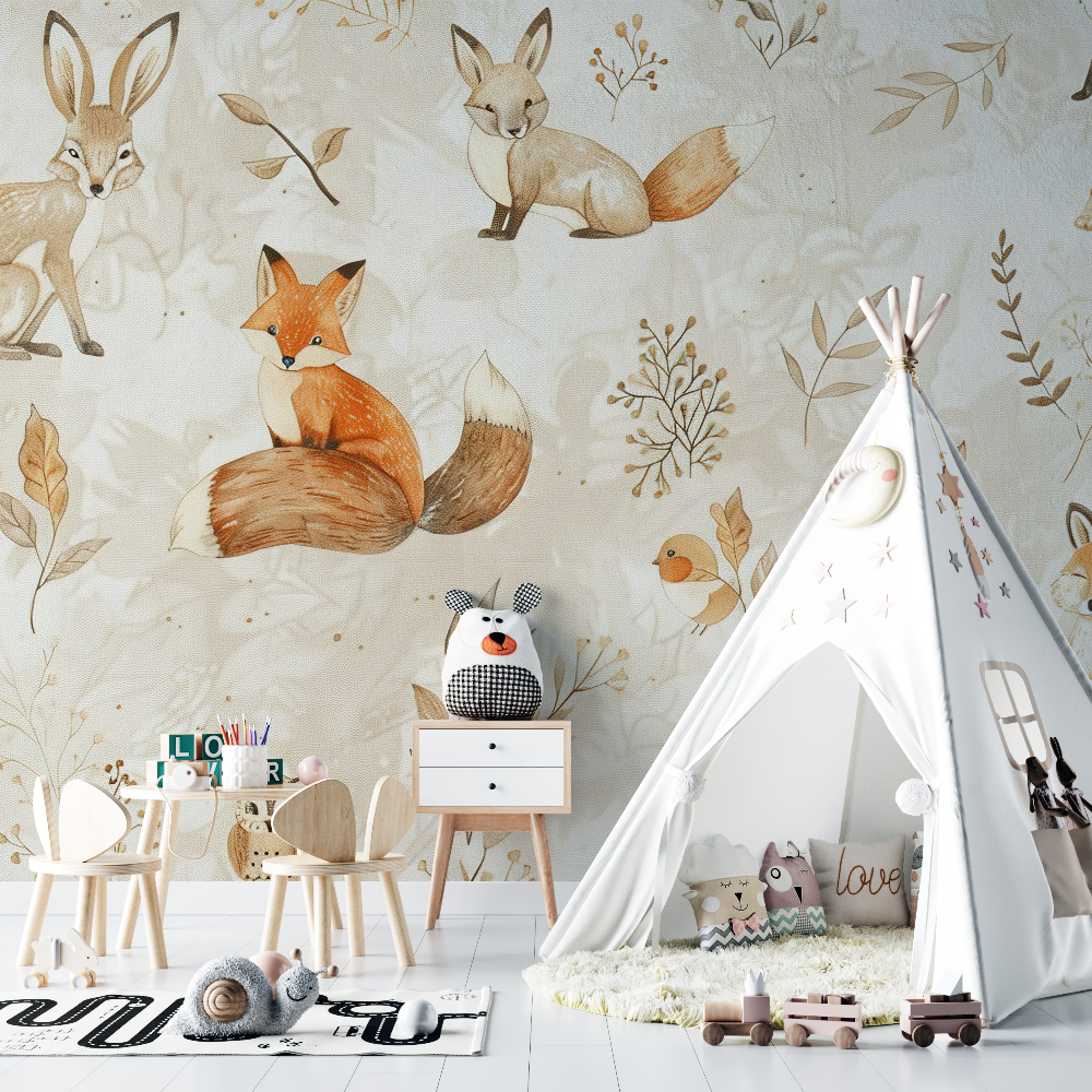 Papier peint renard amis foret beige chambre bebe