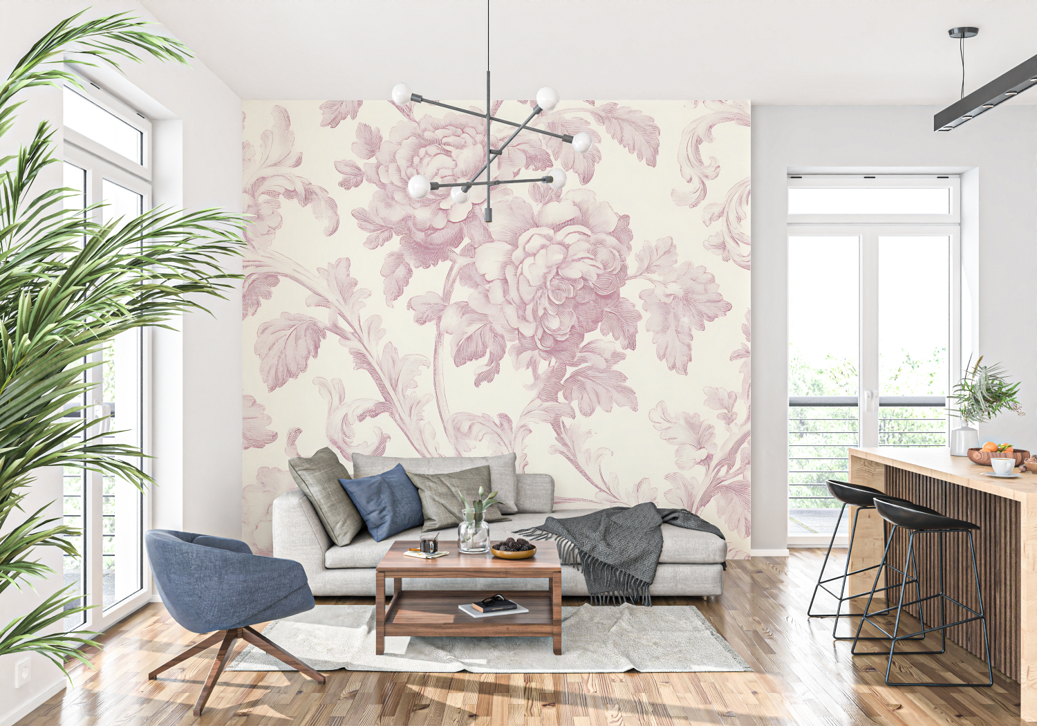 Papier Peint Toile De Jouy Rose Pale - francais