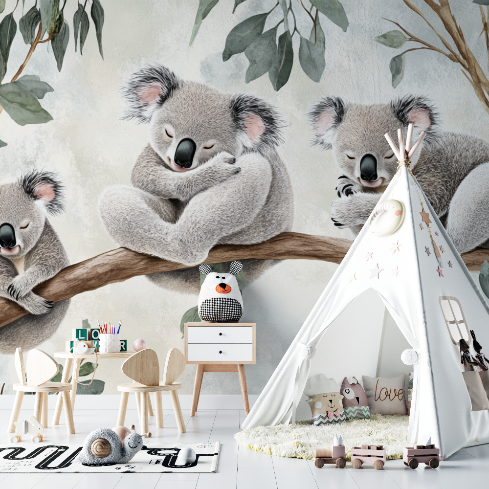 Papier peint koala qui fait dodo chambre bebe
