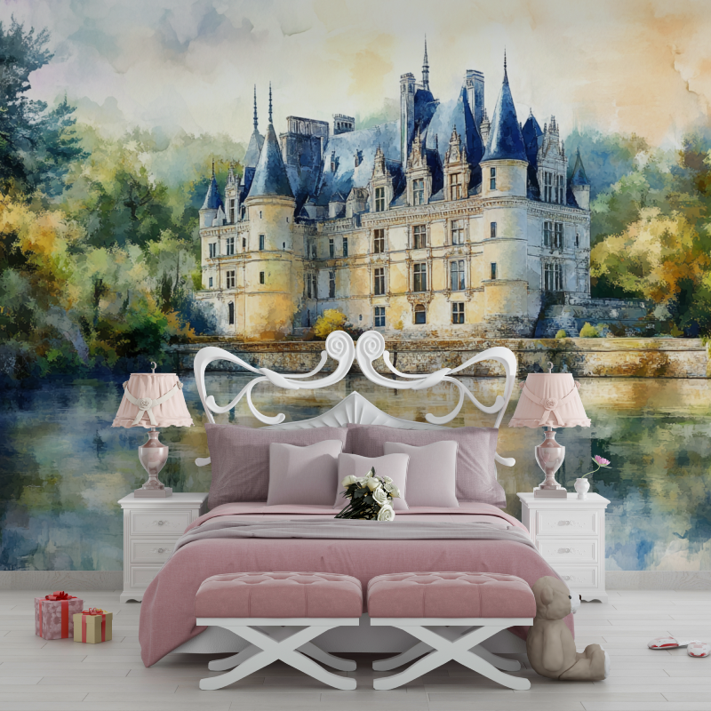 Papier peint chateau aquarelle chambre filles