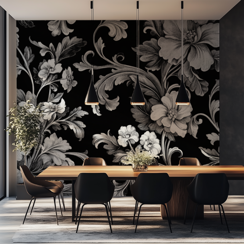 Papier peint fleur vintage noir...is salle manger tapisserie