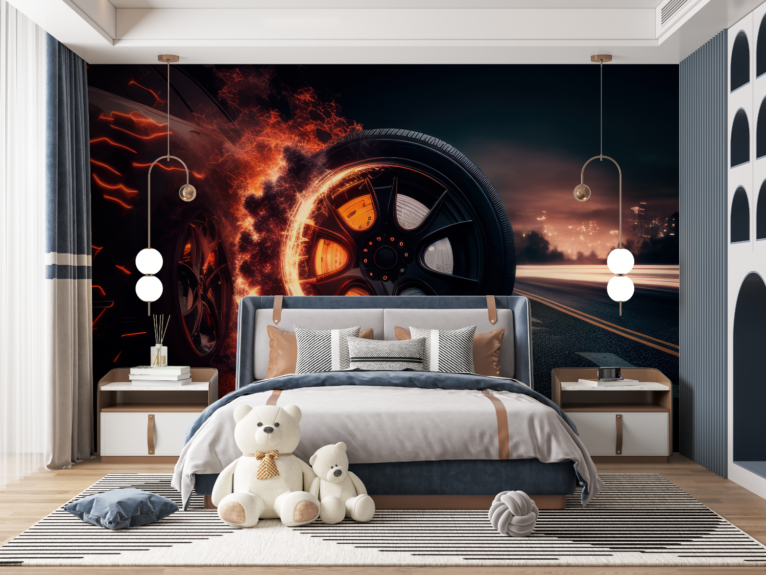 Papier peint roue de voiture en feu mur panoramique