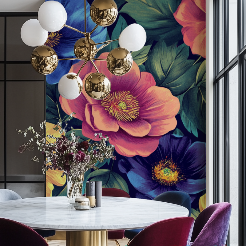 Papier peint fleur annee80 salon chaise