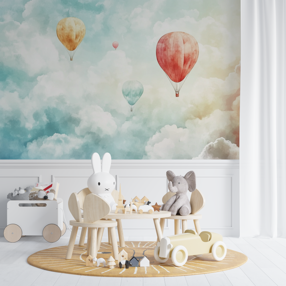 Papier peint montgolfiere et nuages en coton chambre de bebe