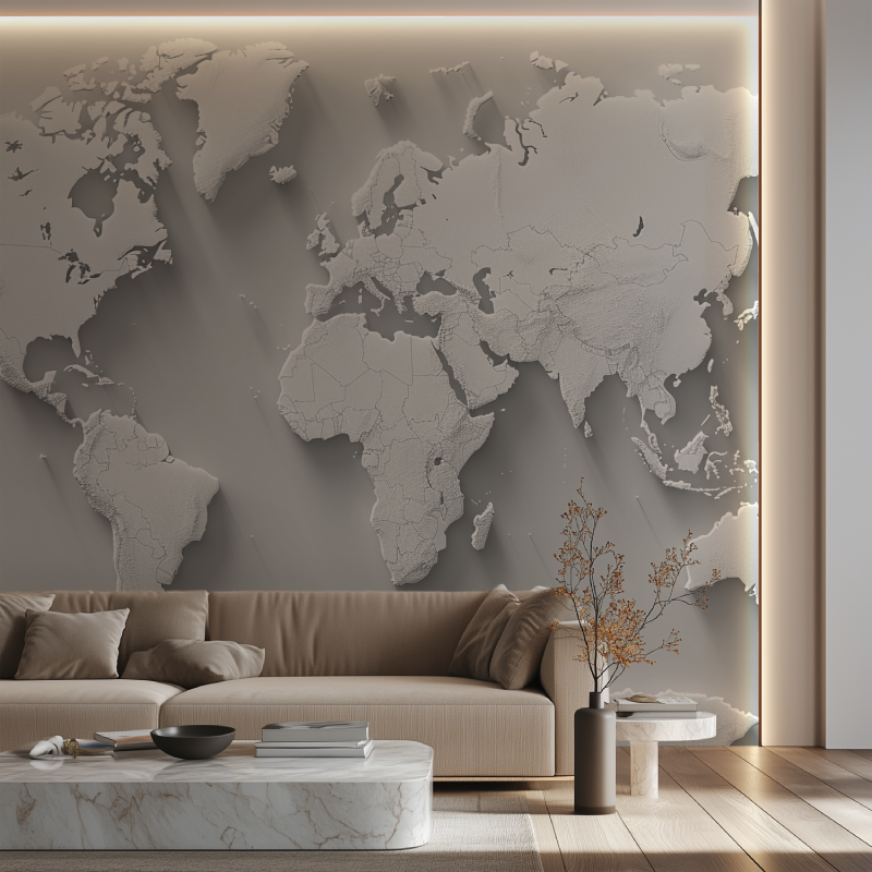 Papier peint carte du monde blanc canape neon
