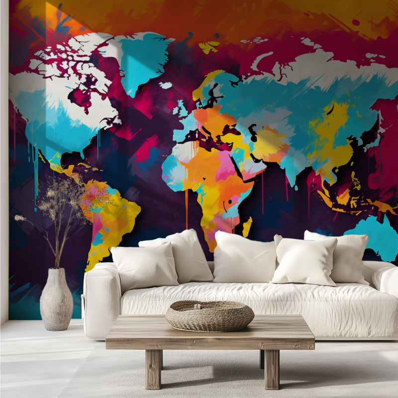 Papier peint carte du monde graffiti canape tendance