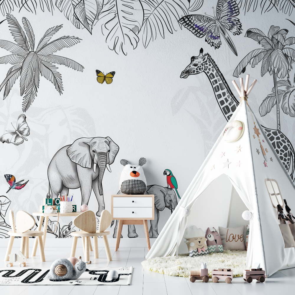 Papier peint panoramique animaux de la jungle chambre bebe