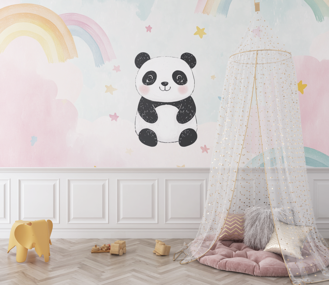 Papier peint panda et arcs en ciel pastel bebe