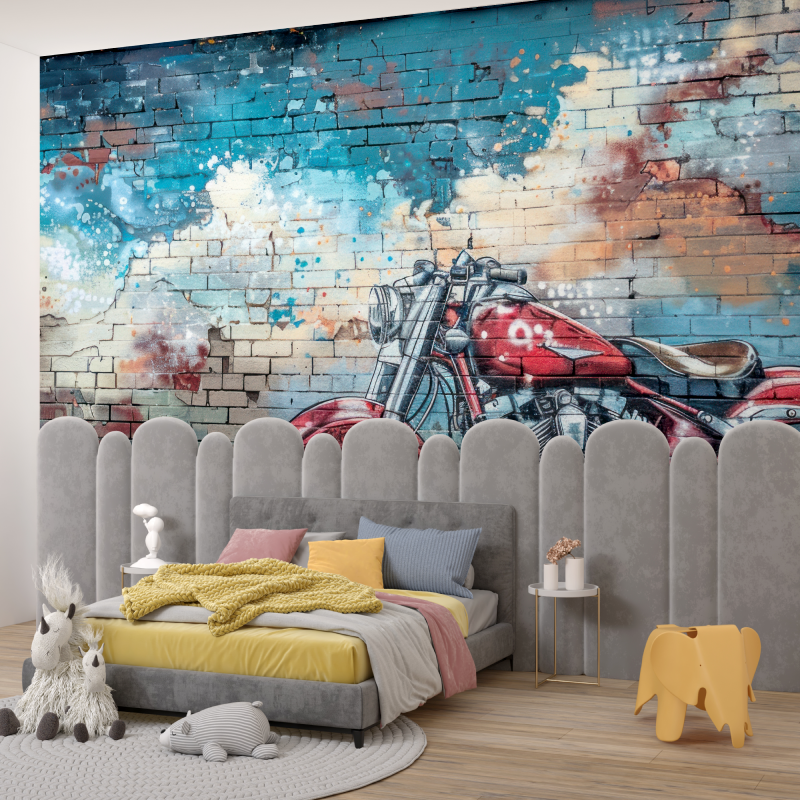 Papier peint graffiti moto briques garcon345