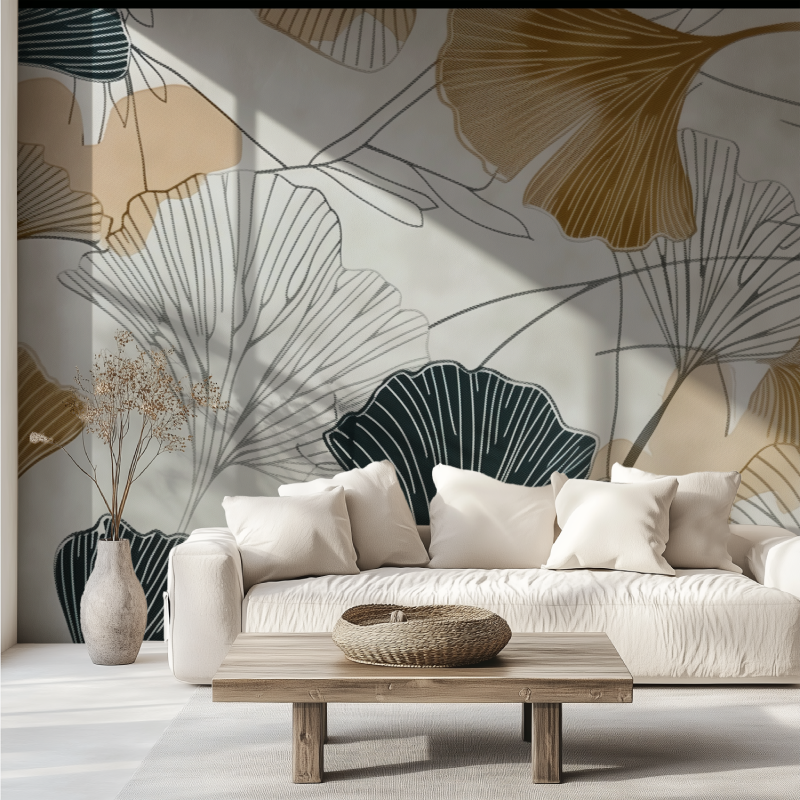 Papier peint panoramique gingko de luxe canape tendance
