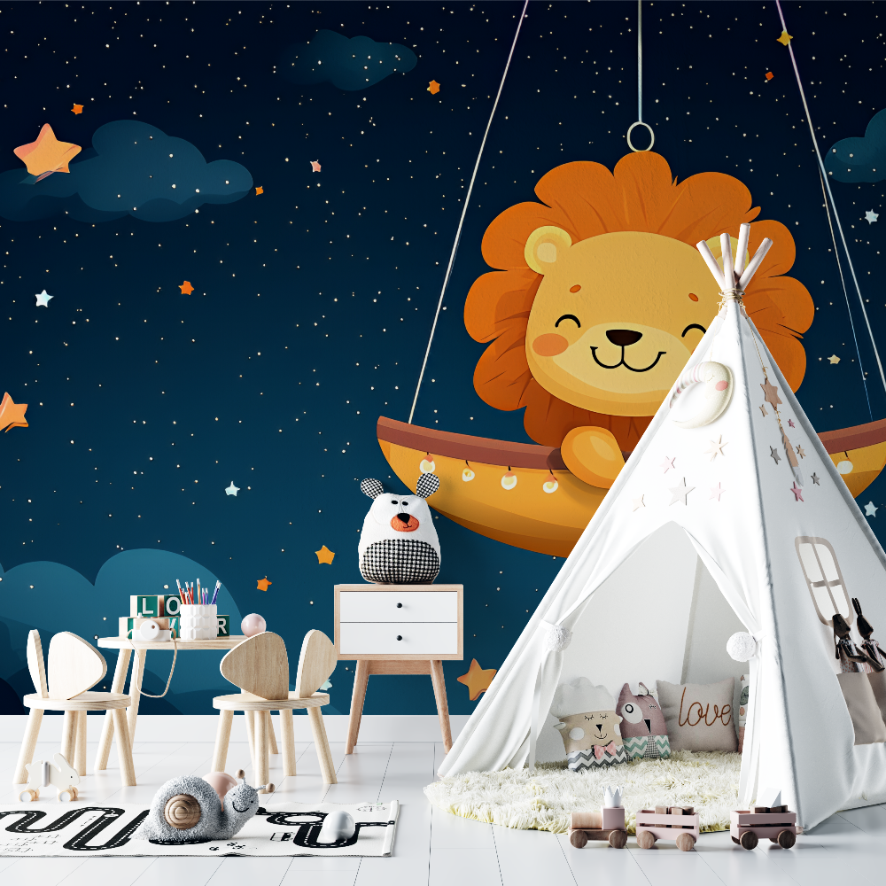Papier peint lion et etoiles dorees chambre bebe