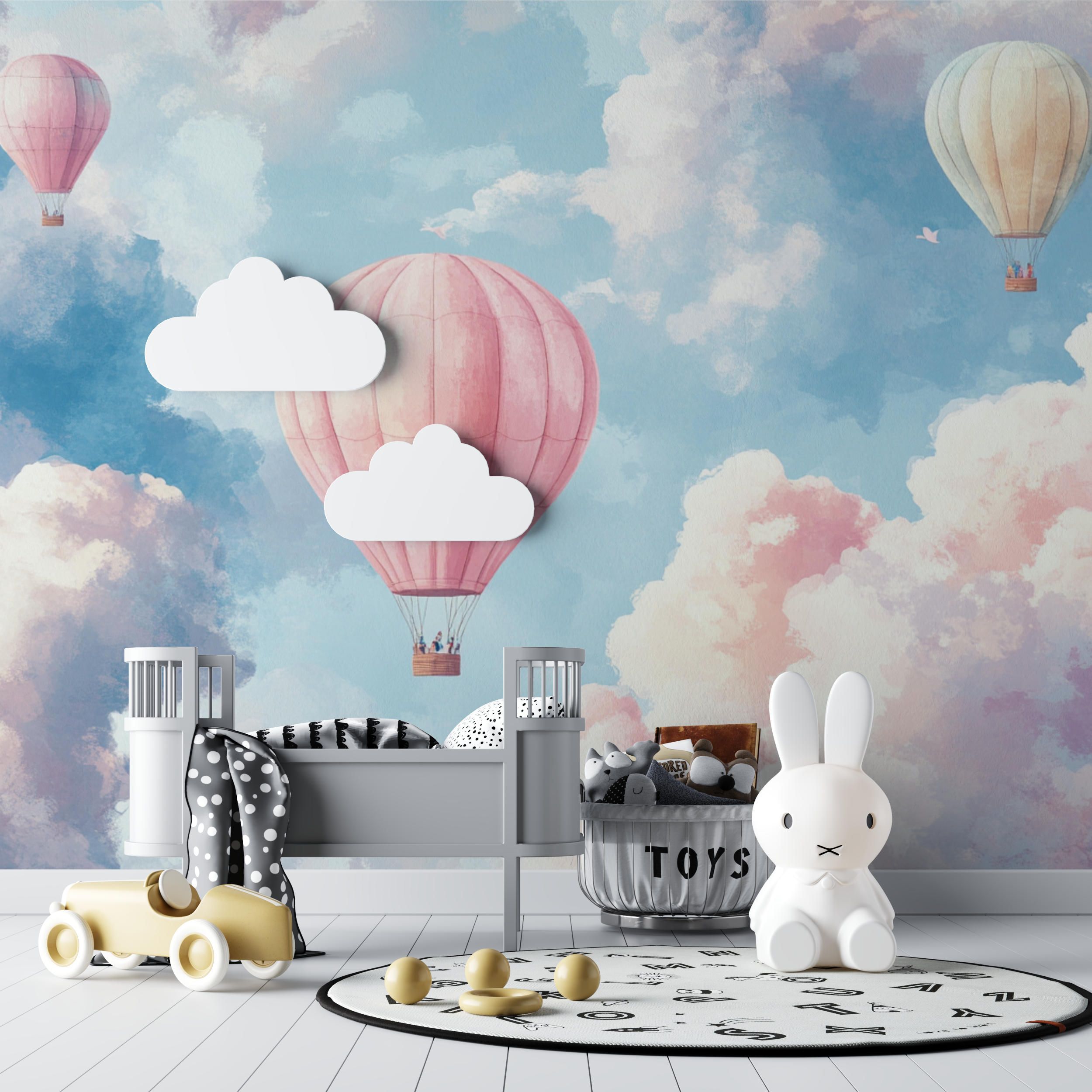 Papier peint montgolfiere et nuages pastel bebe tipi