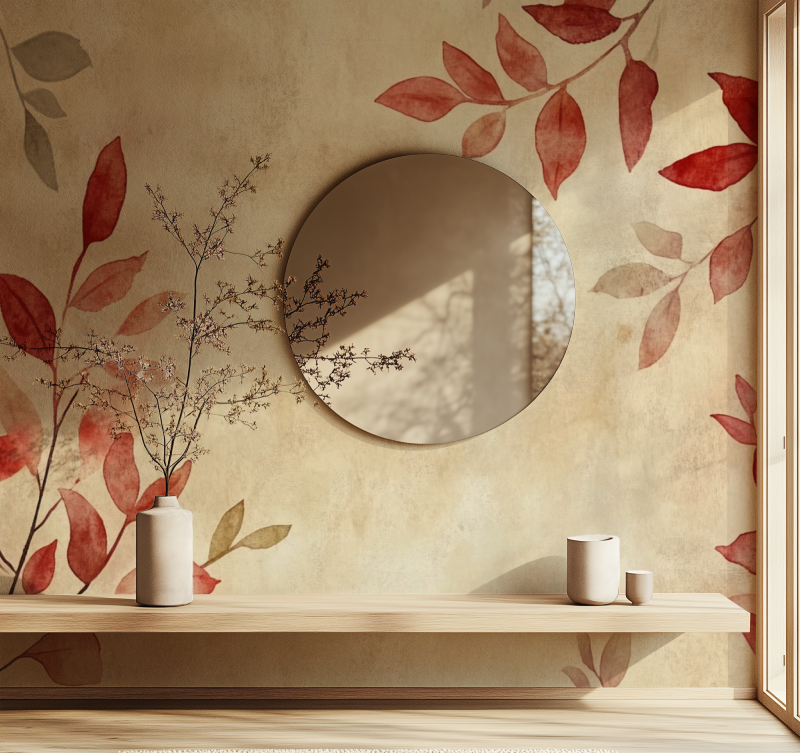 Papier peint vintage plante rouge miroir
