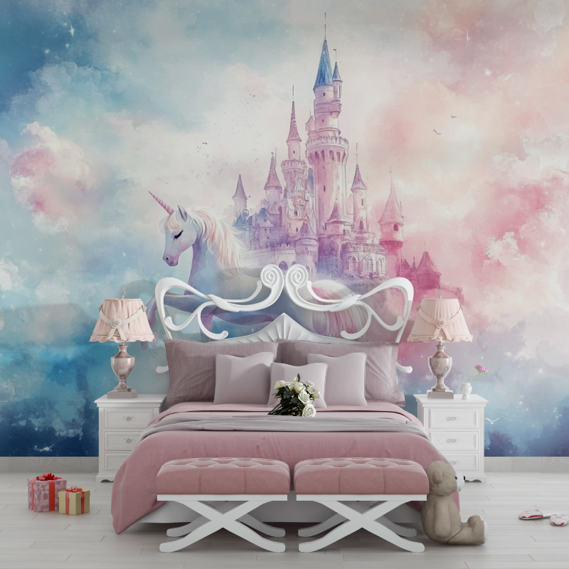 Papier peint decoration licorne... et chateau chambre filles