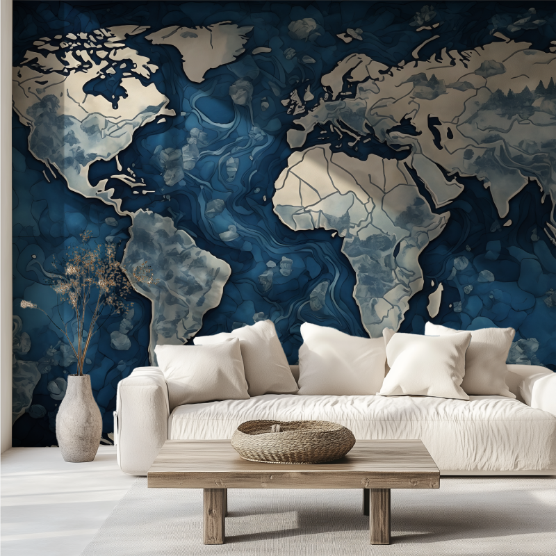 Papier peint carte du monde bleu artistique canape tendance
