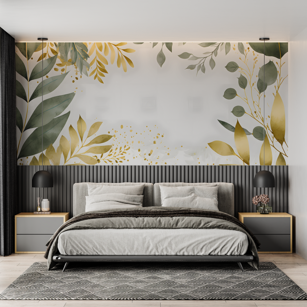 Papier Peint Feuillage Vert et Doré - salon