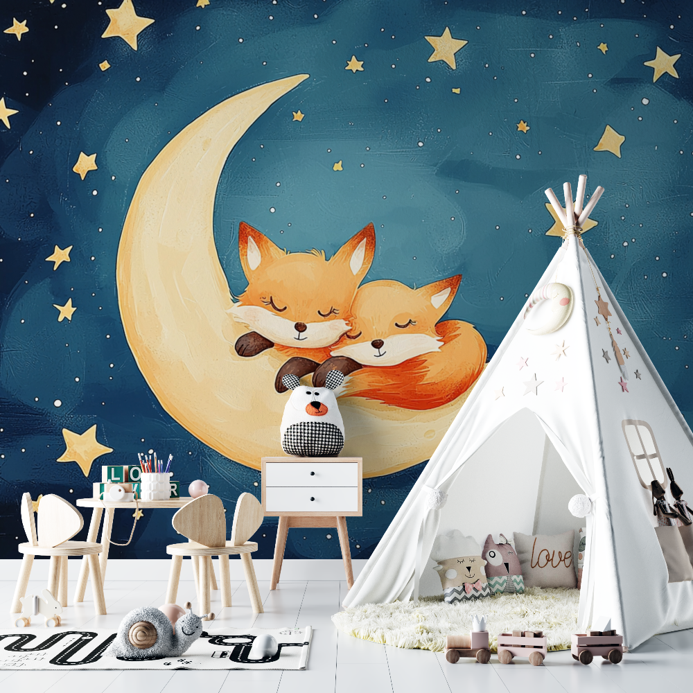 Papier peint renard et lune chambre bebe