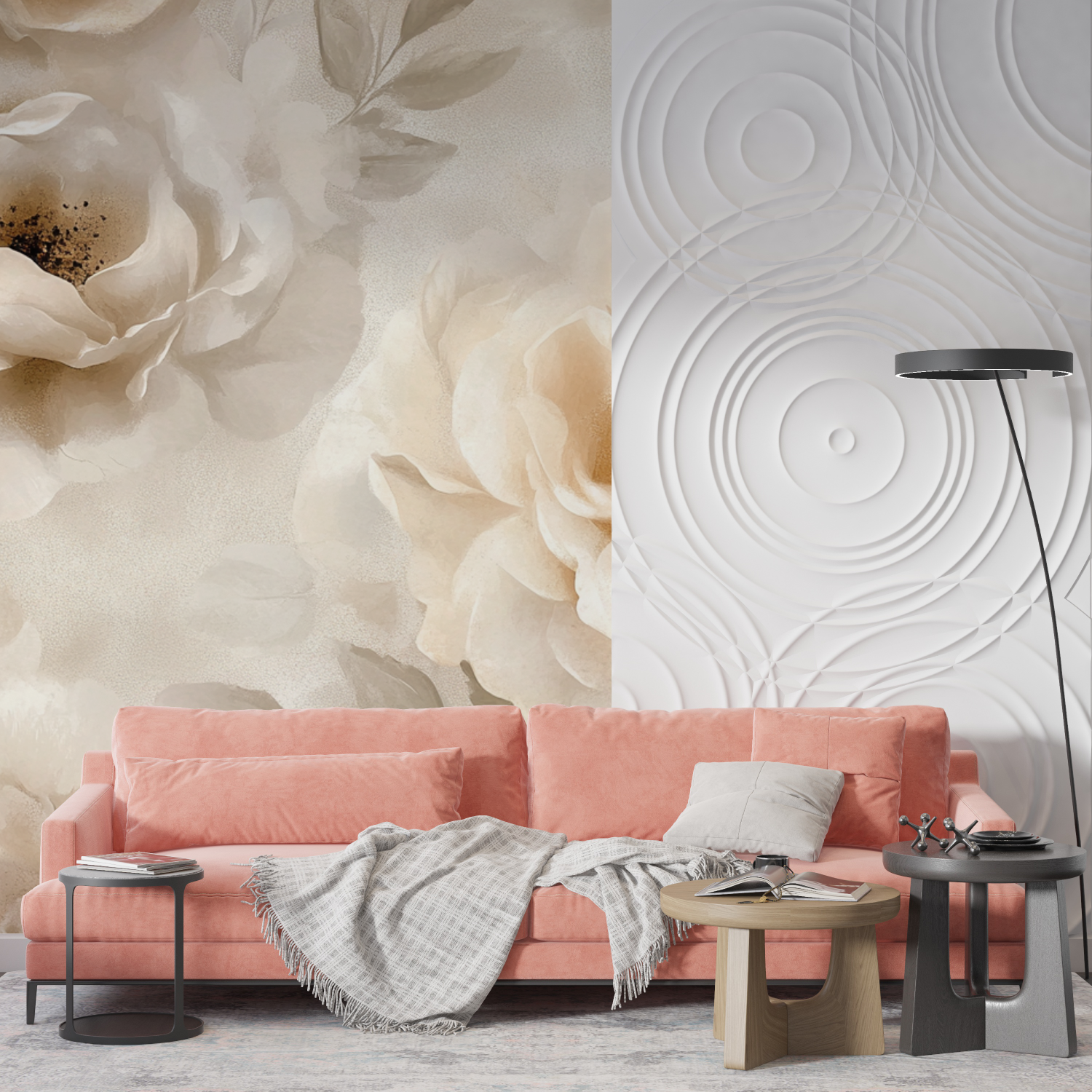 Papier peint aquarelle fleurs douces beige mur