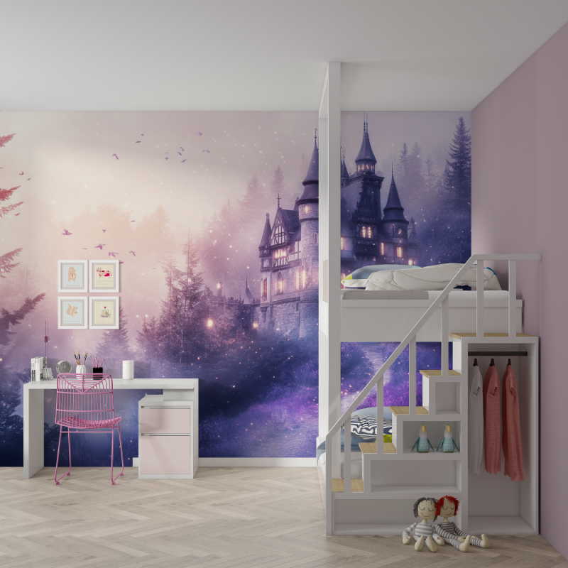 Papier peint princesse chateau violet mur chambre fille