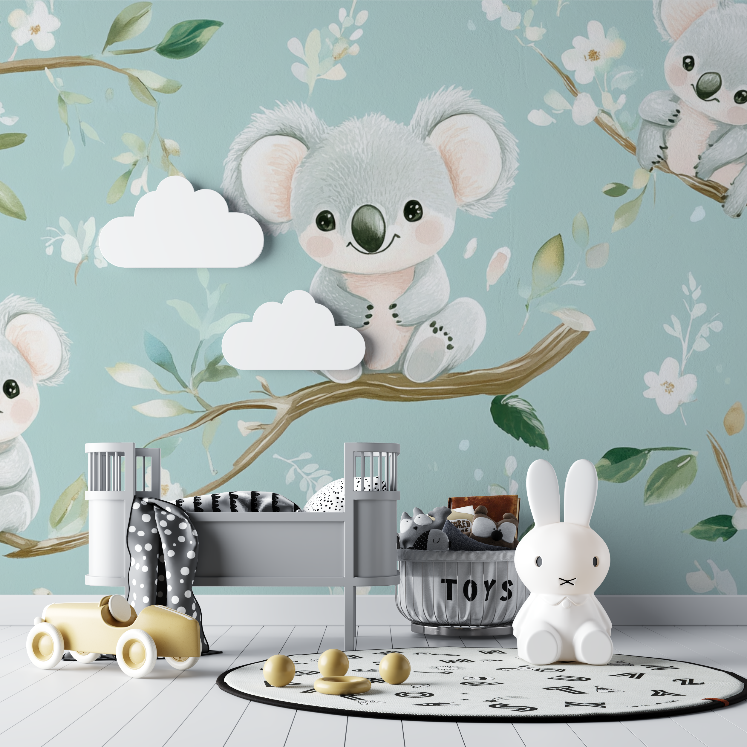 Papier peint koala et ambiance naissance bebe tipi