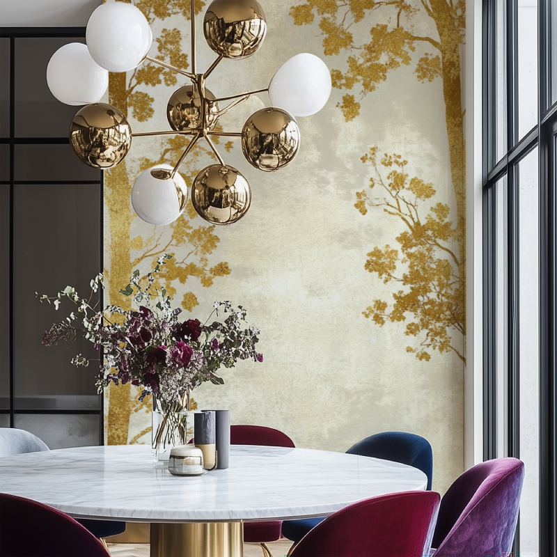 Papier peint arbre dore salon chaise