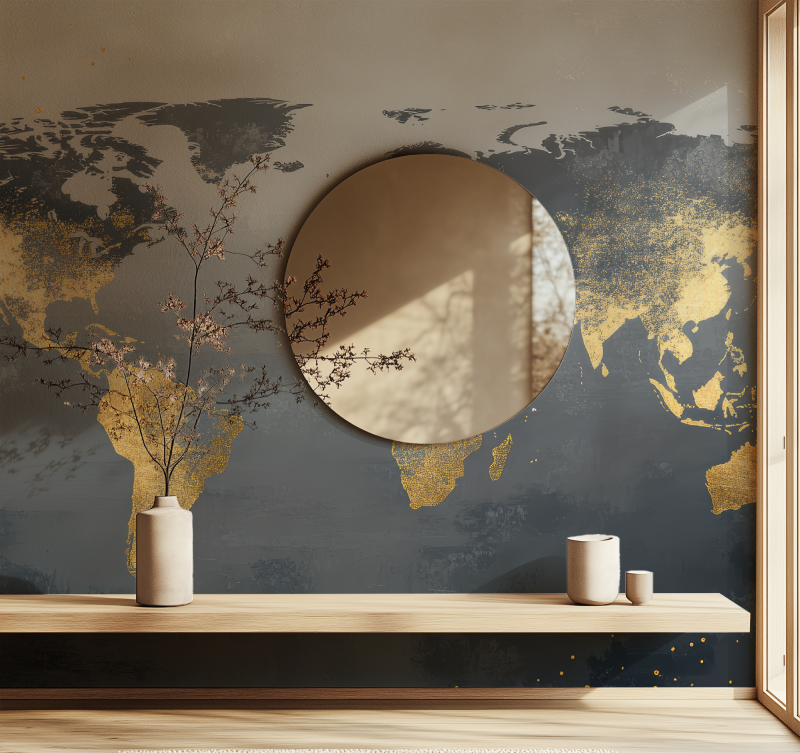Papier peint carte du monde doree miroir