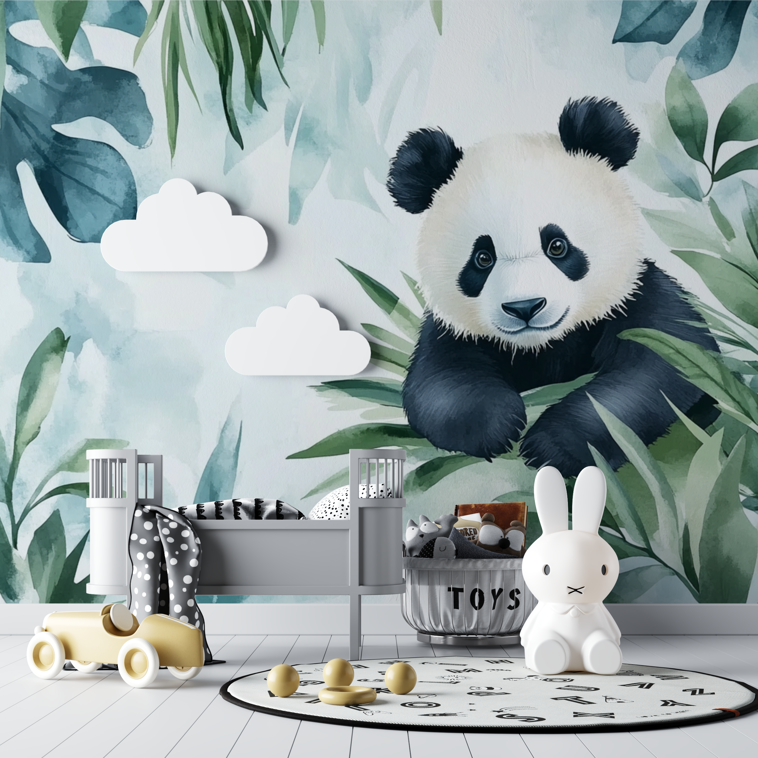 Papier peint panda et ambiance tropicale bebe tipi