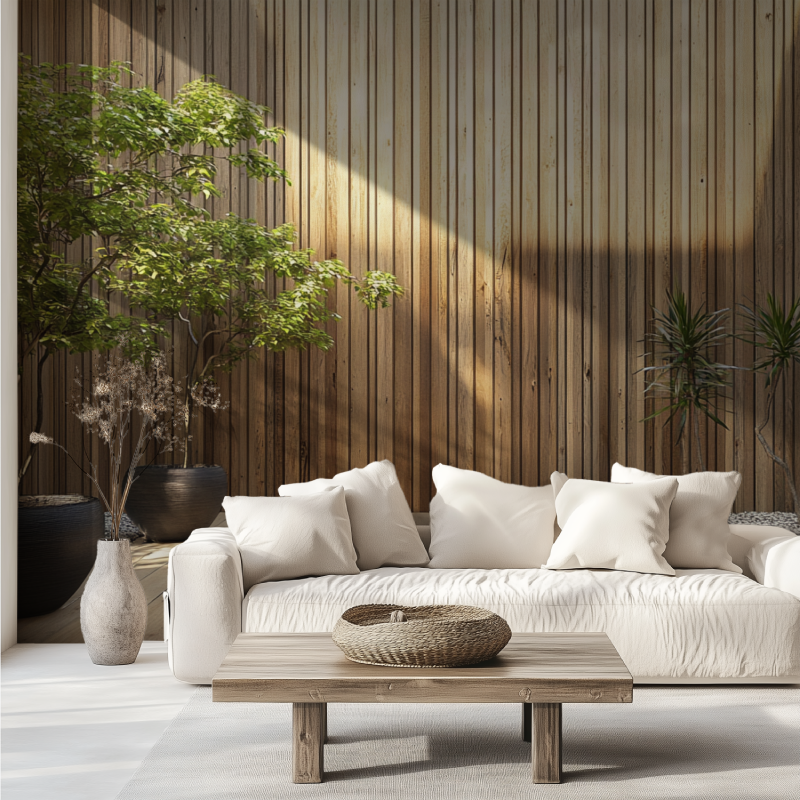 Papier peint bois trompe loeil canape tendance