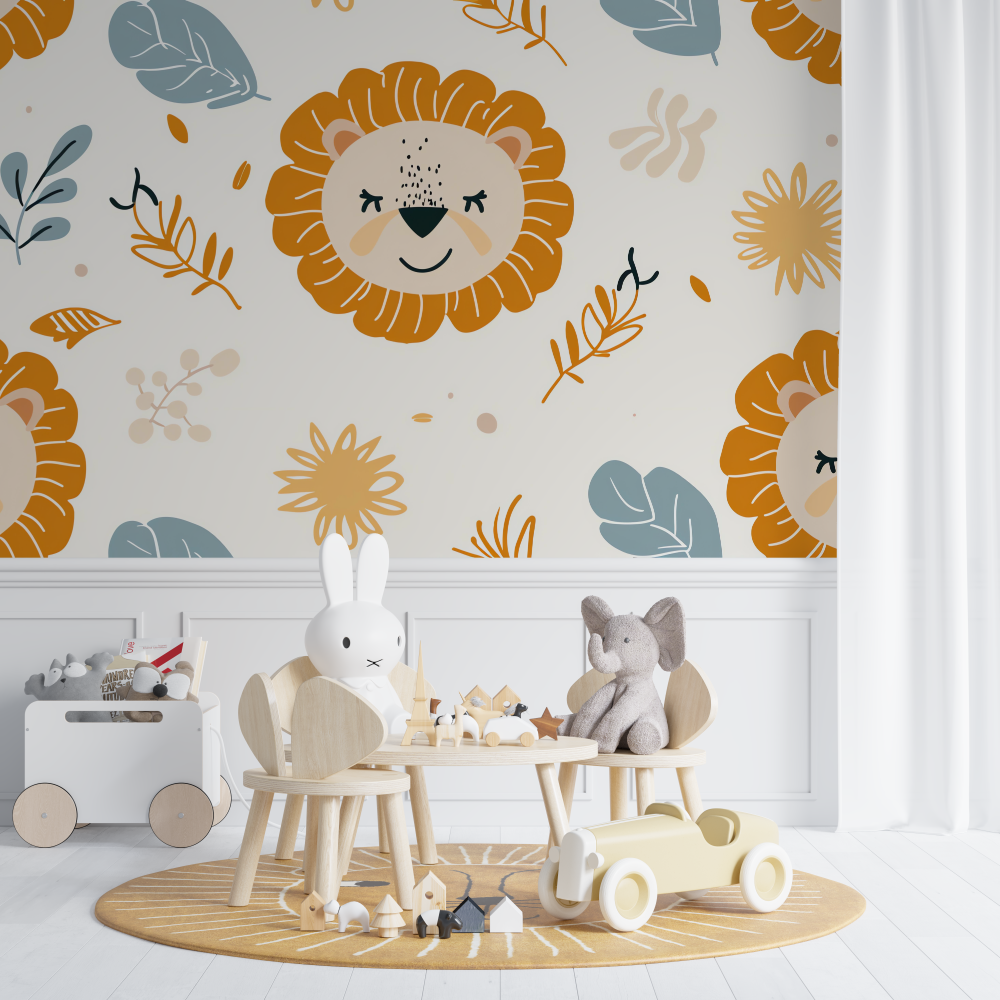Papier peint lion tetes chambre de bebe