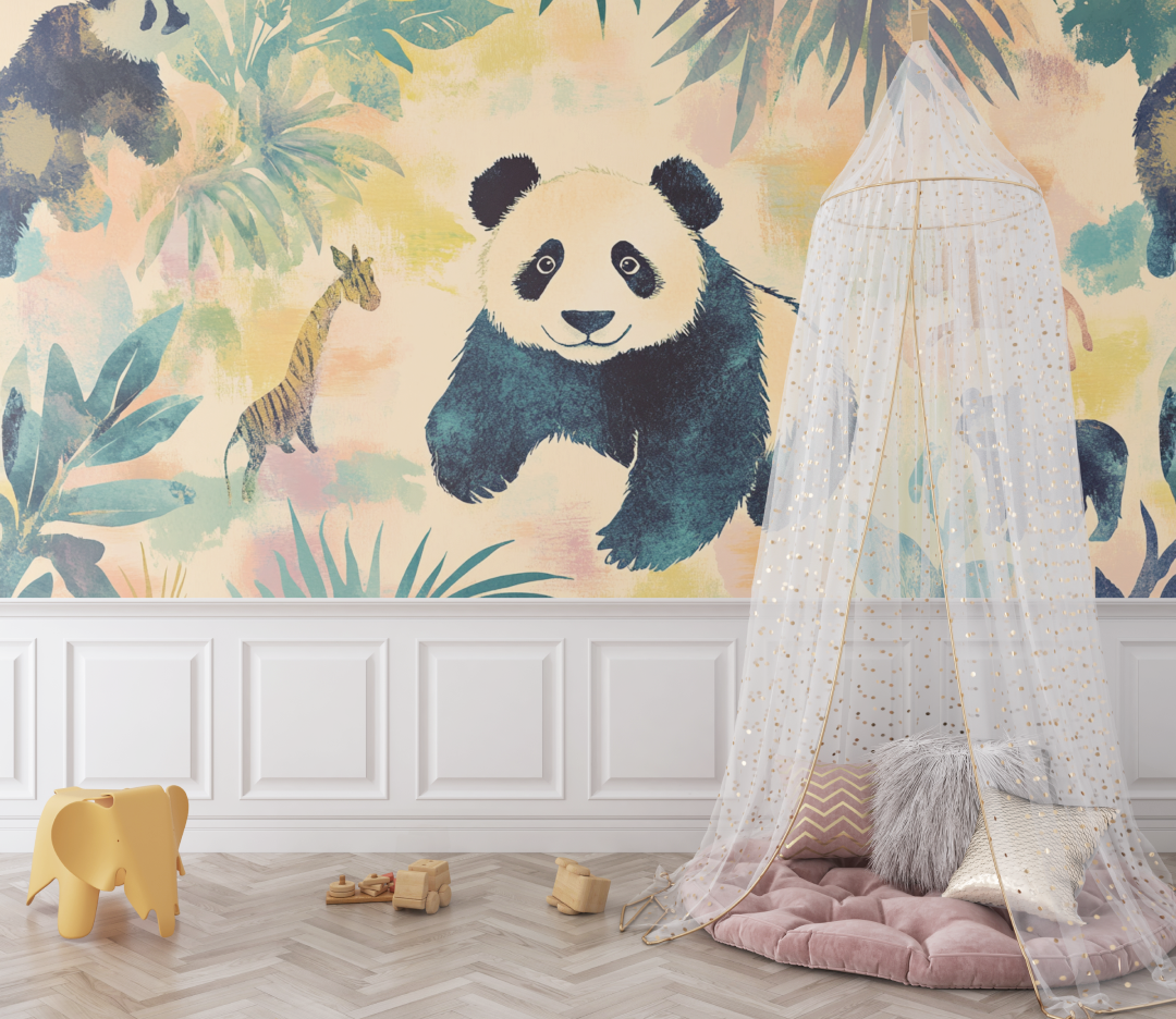 Papier peint panda et animaux de la jungle bebe